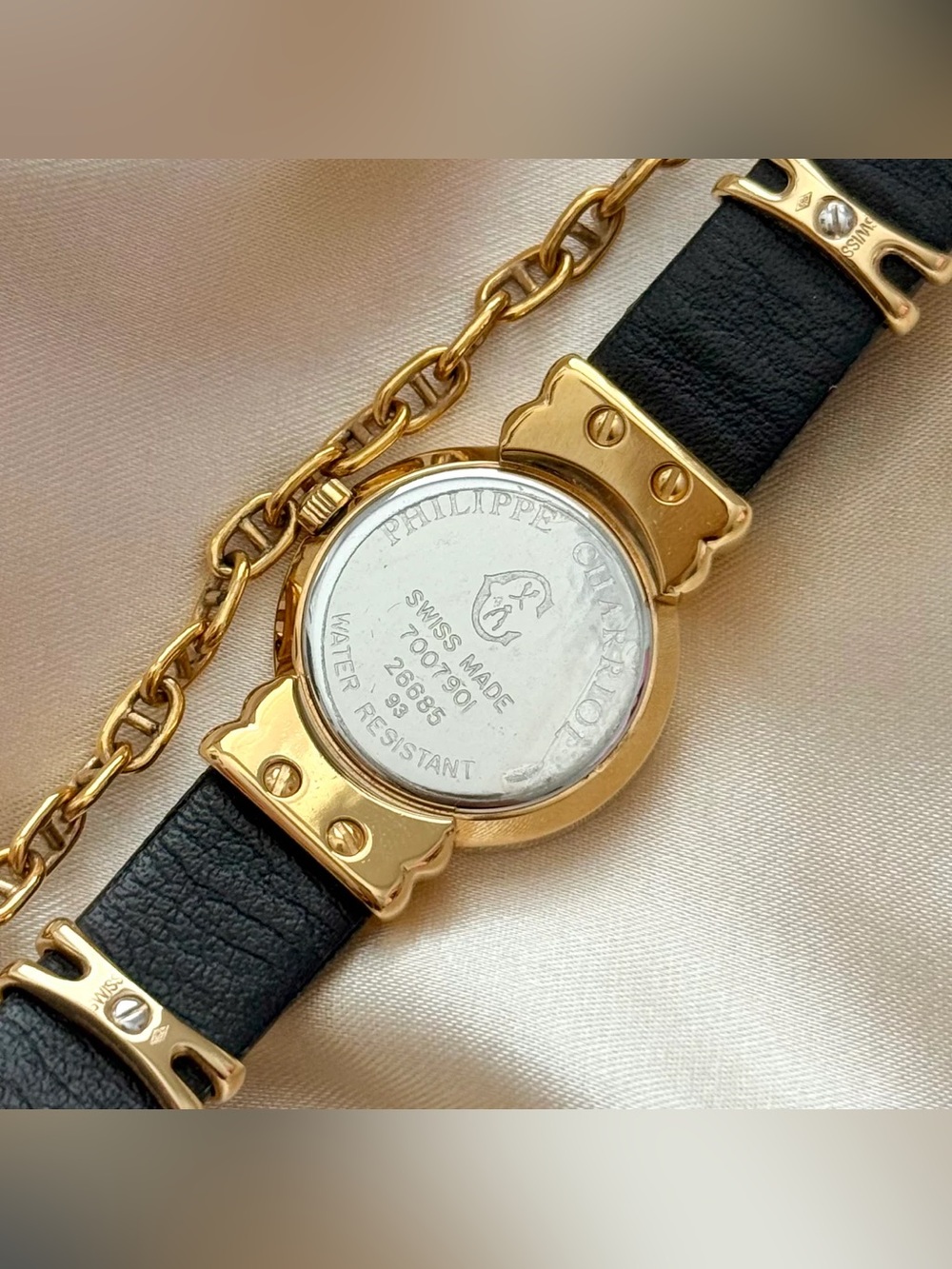 AUTHENTIC VINTAGE PHILIPPE CHARRIOL MOTHER-OF-PEARL BLACK LEATHER WATCH - Picture 7 of 8